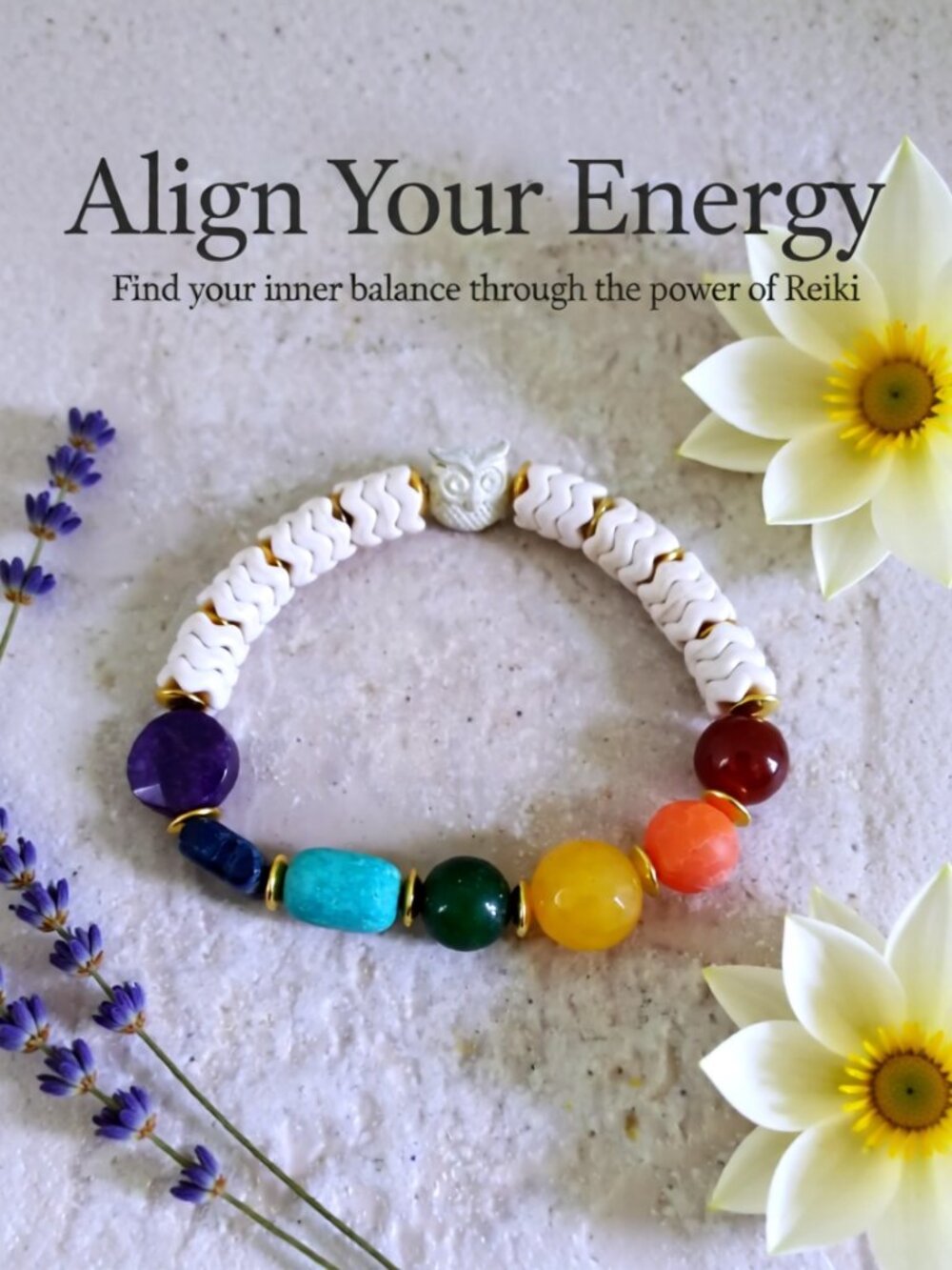 Handcrafted! 7 Chakra Gemstone Bracelet - Owl Protection + Wisdom  - 7" Wrists